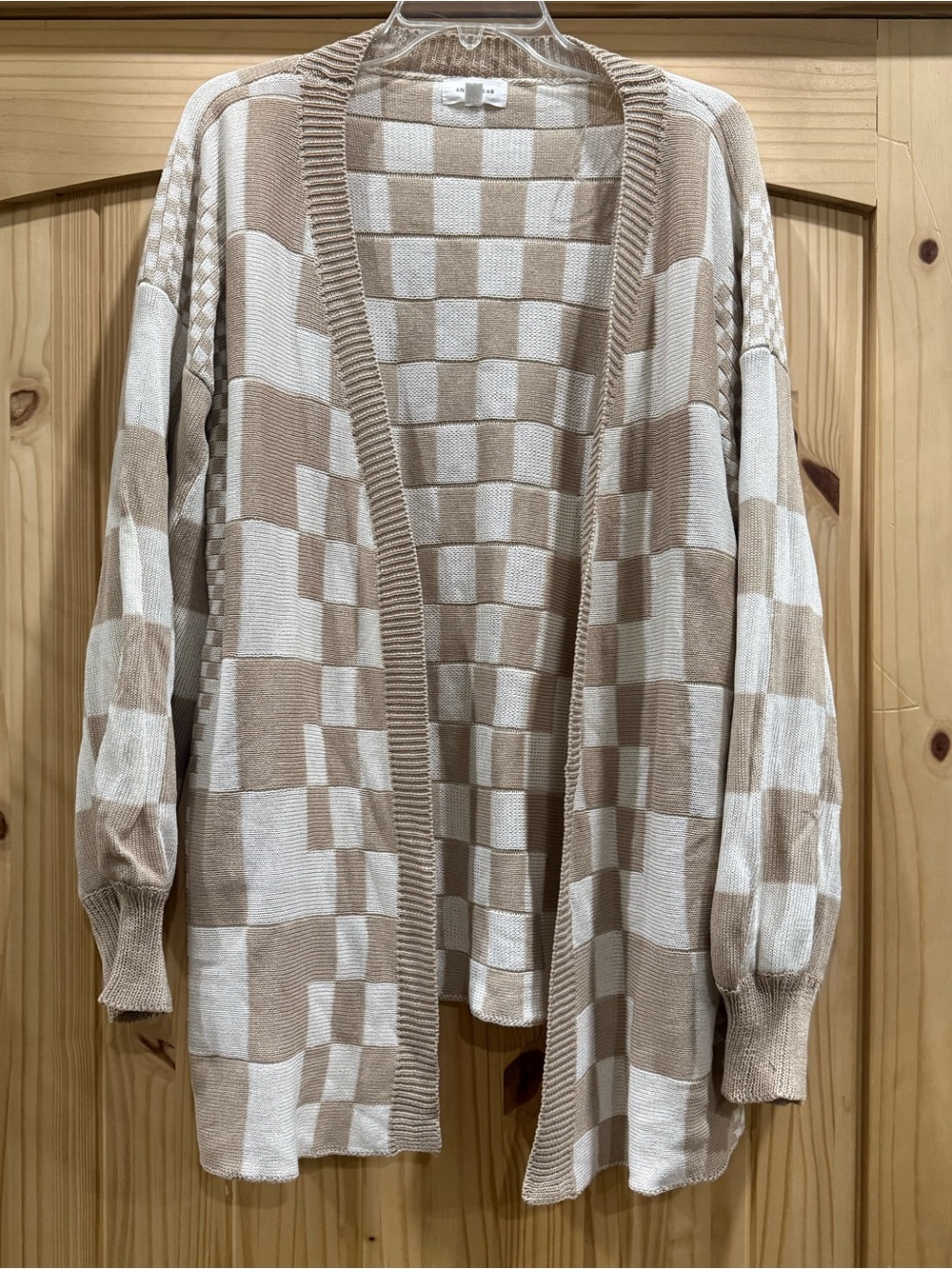 Women's Checkerboard Open-Front Cardigan Sweater - Cream‎ & Beige, Size XL